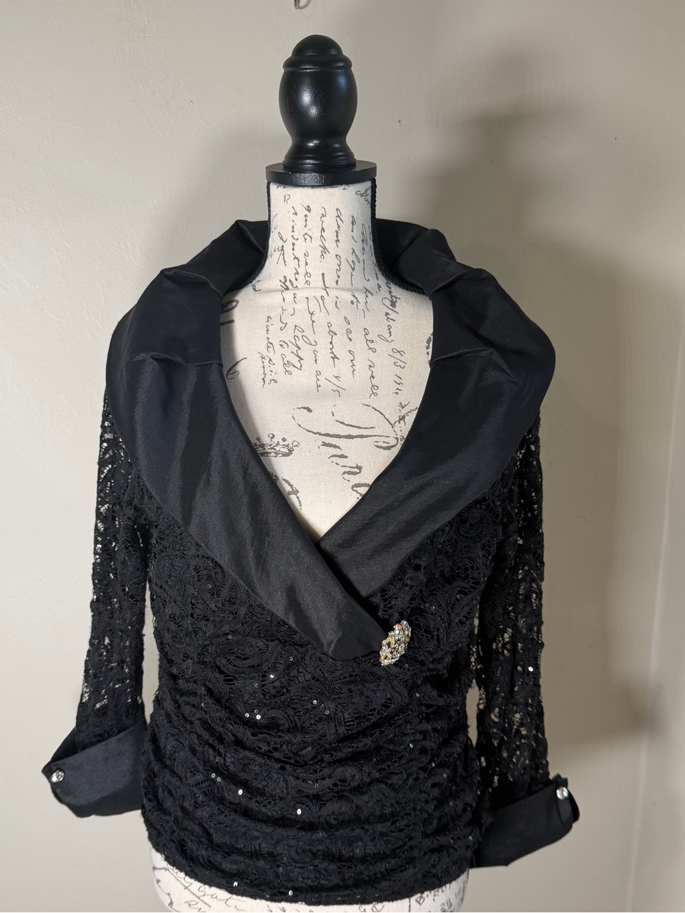 Ronni Nicole Black Lace Ruched Blouse with Satin Collar and Brooch